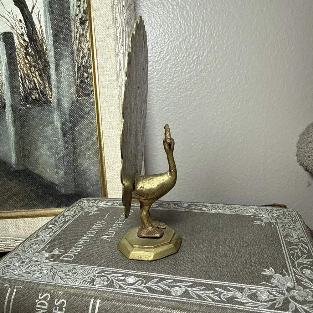 VTG Brass Peacock Figurine Enamel Tail India 4.5” MCM Hollywood Regency Decor - Picture 4 of 8